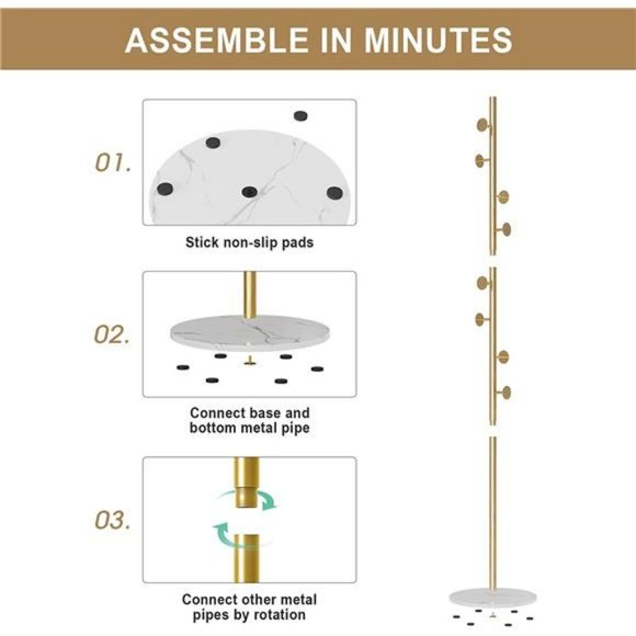Coat Rack Stand, Metal Coat Tree with Heavy Base 8 Welded Hooks, 67” (Gold) - Picture 3 of 6